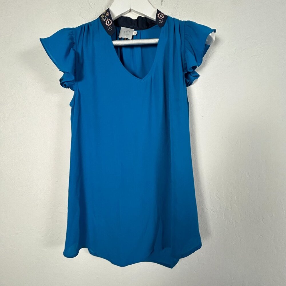 Anthropologie HD In Paris Womens Flutter Sleeve Embroidered Collar Blue Top 6